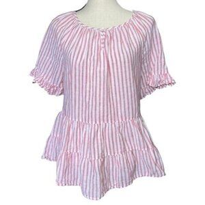 BeachLunchLounge Peplum Top Womens M Pink White Stripe Linen Blend Ruffle Sleeve
